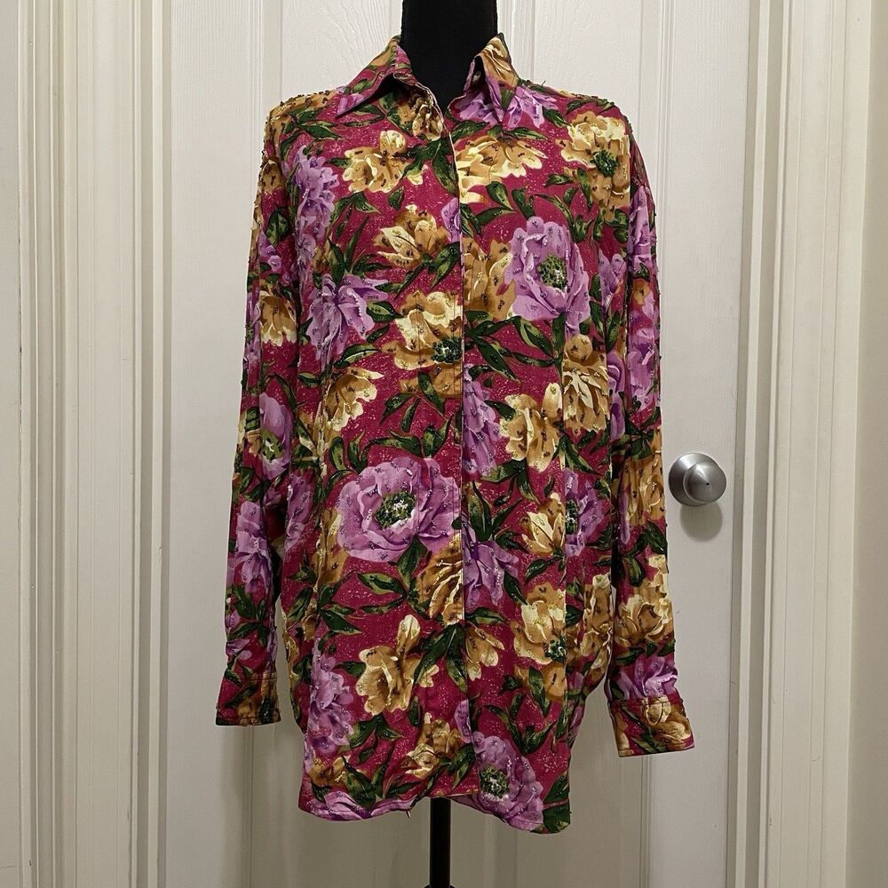 Vintage Naga By Milo Peony Floral Hawaiian Top Beaded Pink‎ Rayon NWT Medium 80s